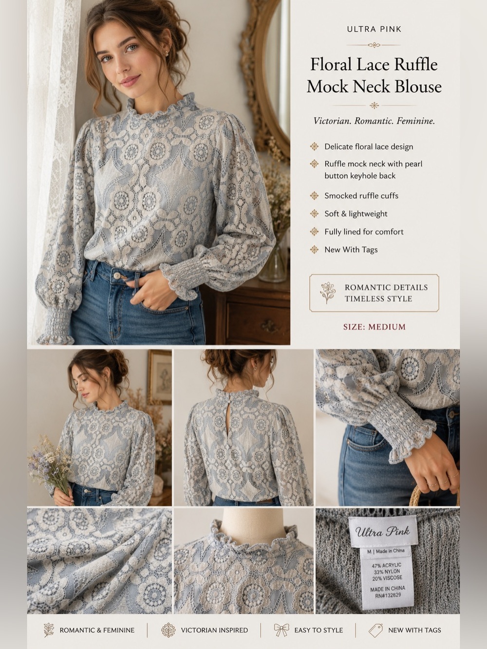 NWT Ultra Pink Floral Lace Ruffle Mock Neck Blouse Medium NWT